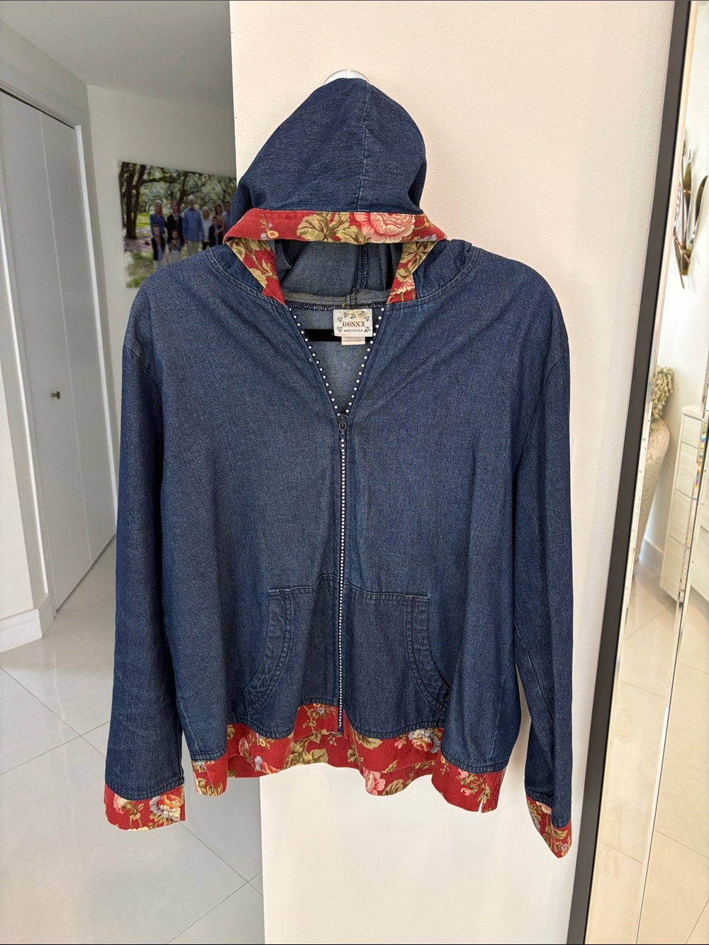 Vintage Blue Denim Hooded Jacket with Red Floral Trim